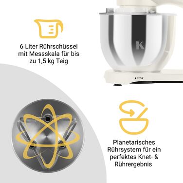 Кухонний комбайн KLAMER 1800W, планетарний міксер для тіста з чашею з нержавіючої сталі 6л (Premium Creme)