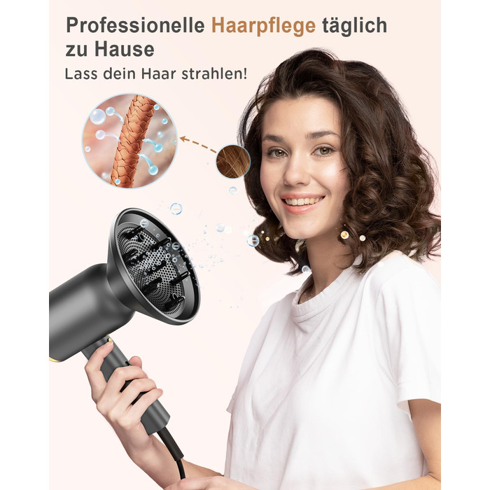 Іонний фен з насадкою-дифузором DEWILY 1800W, Швидке сушіння, Кнопка холодного/гарячого повітря, Термостат, 3 температури, 2 швидкості, Концентратор, Фен для локонів (Чорний+Золотий)