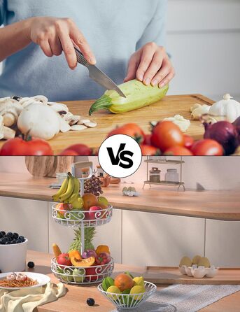 Двоярусний фрутовий кошик Couwilson з підвісною конструкцією для бананів, дерев'яною ручкою та відсіком для овочів. Підходить для зберігання фруктів, овочів, хліба, цибулі та картоплі.