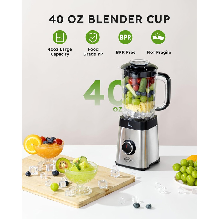 Sangcon 5-in-1 Stand Mixer & Smoothie Maker - 500W Power, 3 Speed Settings, Pulse Function, Glass & Stainless Steel Cups
