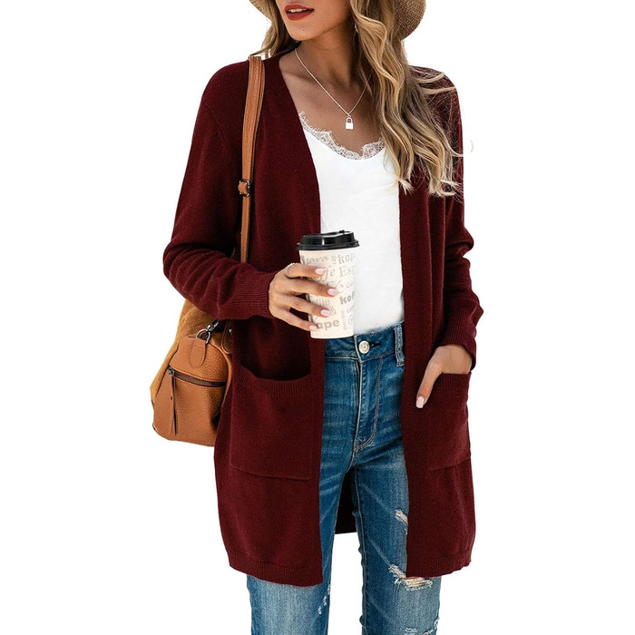 Кардиган жіночий Saodiallsu з довгими рукавами, легкий, однотонний, з кишенею (Вишневий, L)