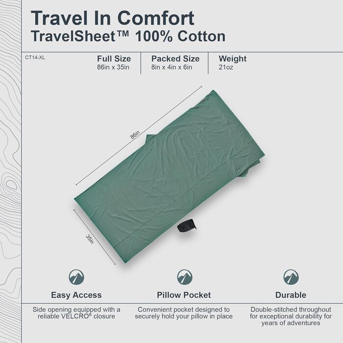 Туристичний простирадло Cocoon Travelsheet з бавовни, колір кактусово-синій, 238x117 см