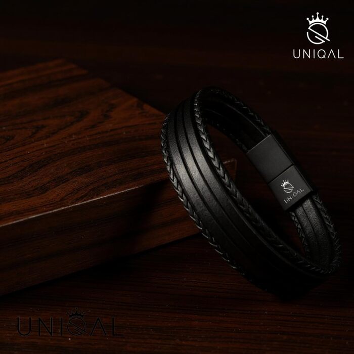 Чоловічий шкіряний браслет UNIQAL 'Premium Style' з нержавіючої сталі, чорний (BLACKY, 19 см)