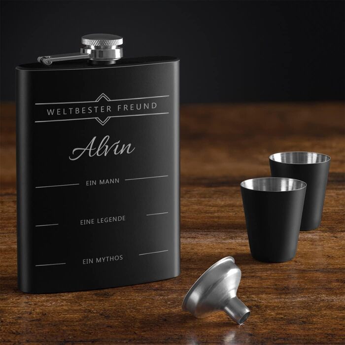 Набір Maverton Flachmann Set: фляга 200 мл з гравіюванням + 4 склянки для шнапсу 20 мл з воронкою - чорна фляга для чоловіків (Дружба)
