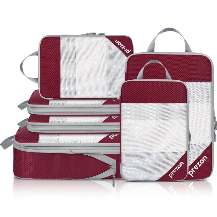 Набір компресійних органайзерів для валізи 6 шт., прозорі, бордовий - економія місця, міцний матеріал