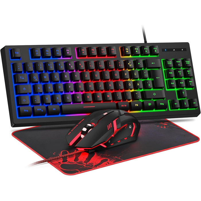 Ігровий набір клавіатури та миші, QWERTZ DE, 75% TKL, RGB, провідна, ергономічна, 4 кольори LED, великий килимок, USB, Plug & Play для ПК