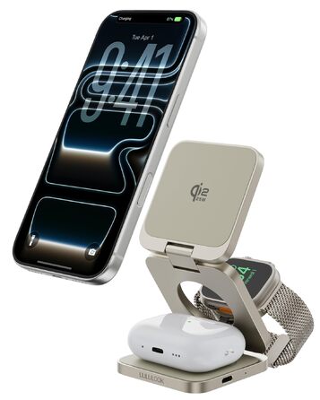 Зарядний пристрій 3-в-1 LULULOOK Ultra Kompakt Qi2.2 25W MagSafe для iPhone 17/16, Apple Watch та AirPods, GaN 45W, Титан