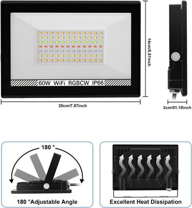 LED Floodlights Outdoor, 100W Smart RGB Floodlights with Remote Control and Bluetooth App, LED Floodlight Spotlights Color Changing Projector, IP66 Waterproof Floodlight for Gardens, Courtyards (2 Pack) (60w-rgb-app-2p)