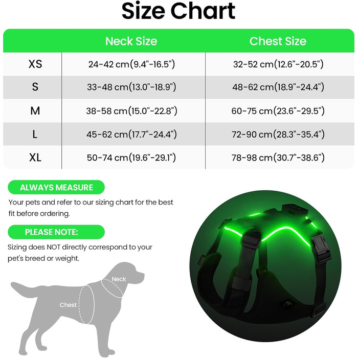 Світлодіодне шлейка для собак з підсвічуванням LED, перезаряджувана, для малих, середніх та великих собак, світловідбиваюча, регульована, XL (Чорний, Small)