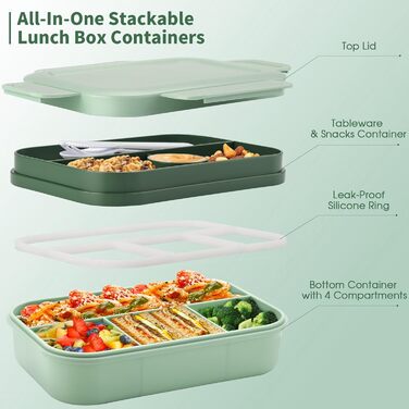 Ланчбокс Sinnsally для дорослих, 2000 мл з відділеннями, бенто-бокс, ланчбокс з посудом, виїздний ланчбокс, виїздний ланчбокс, герметичний ланчбокс, ланчбокс для сніданку, зелений