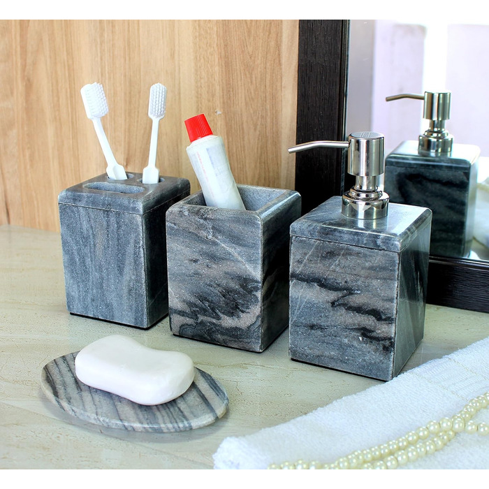 KLEO Luxury 4-Piece Bathroom Accessory Set | Includes Liquid Soap or Lotion Dispenser with Stainless Steel Pump, Toothbrush Holder, Cup, and Soap Dish - Bath Set/Bathroom Accessories