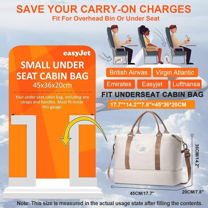 Спортивна сумка HPLQQ Weekender для ручної поїздки (Easyjet) 45x36x20 см, бежева. Дорожня сумка, сумка для фітнесу з відділенням для взуття