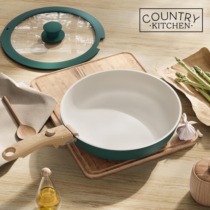 Набір посуду Country Kitchen 13 предметів: каструлі та сковорідки з антипригарним покриттям, знімний ручка, для кухні, кемпінгу, духовки (сіро-зелений)