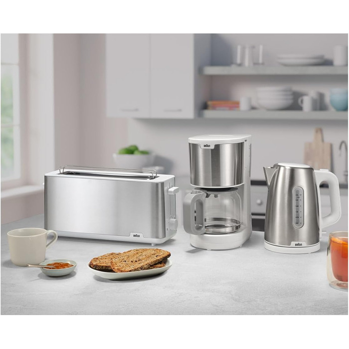 Braun Toaster PurShine HT 1610 WH, 25cm bread slots, 8 browning levels, reheat & defrost function, bread roll attachment, crumb tray, 1030W, White