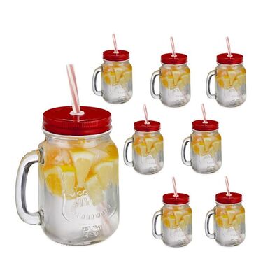 Relaxdays Set of 8 Drinking Glasses with Lids - Red