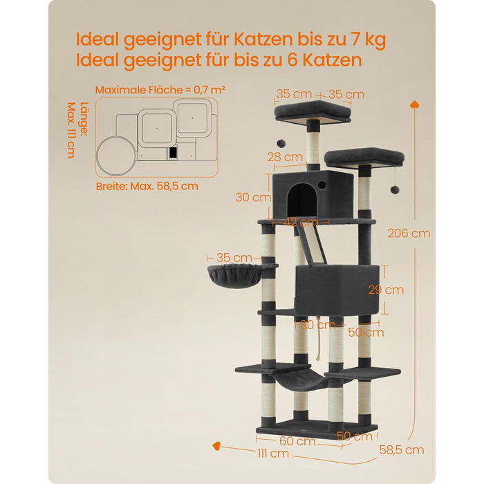 Когтеточка для котів Feandrea XXL, 168 см, з 13 стовпчиками, 2 платформами, 2 печерами, гамаком та іграшками, PCT165G01 (чорний)
