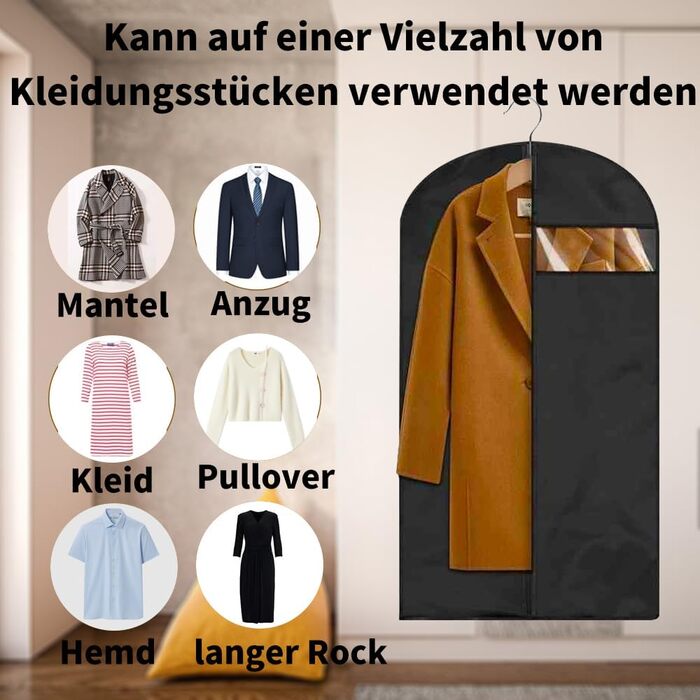 Чохли для одягу 4 шт. Чорні, 60 x 120 см, для зберігання та подорожей, з блискавкою, захист від пилу та молі