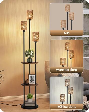 Стельова лампа для вітальні з полицею, 3-лампова торшер з етажеркою у стилі вінтаж, бохо торшер з дерева з вимикачем на ніжці, патрон E27, ретро-дизайн у кольорах коричневого та бежевого, ZEF53LDD05 (Ротанг, Чорний)