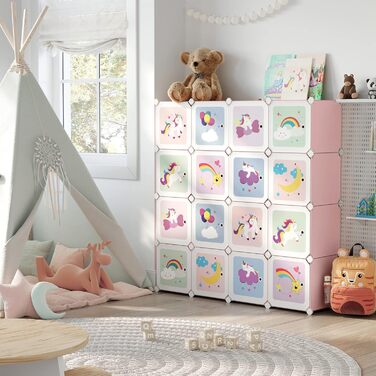 SONGMICS 16-Cube Storage Organizer with Doors - Kids Closet, Shoe Rack, Multi-Purpose - Pink
