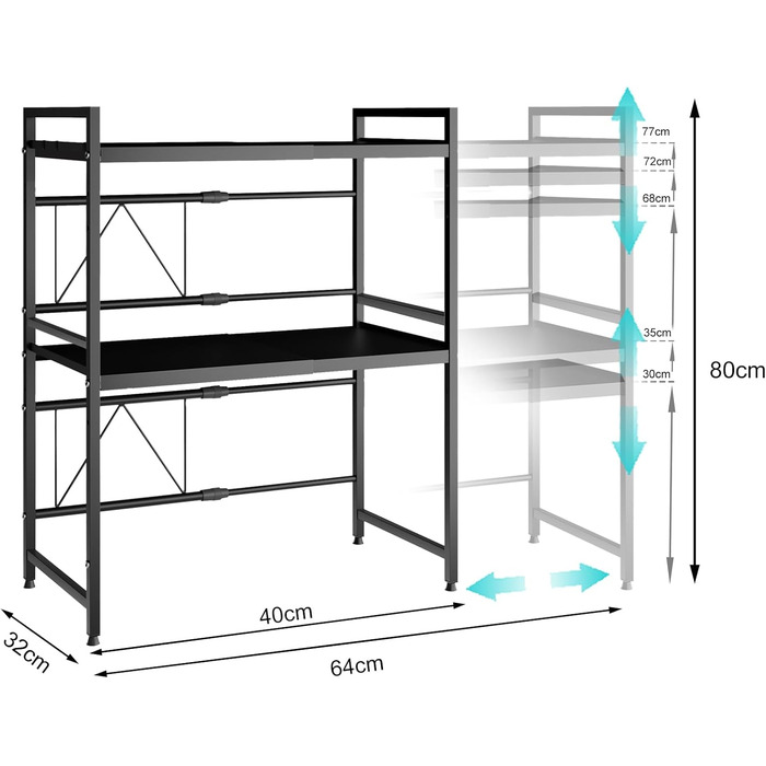 Регульована підставка для мікрохвильової печі, 2-рівнева розширювана, з вуглецевої сталі, з 8 гачками, органайзер для кухні (1 шт, чорний)