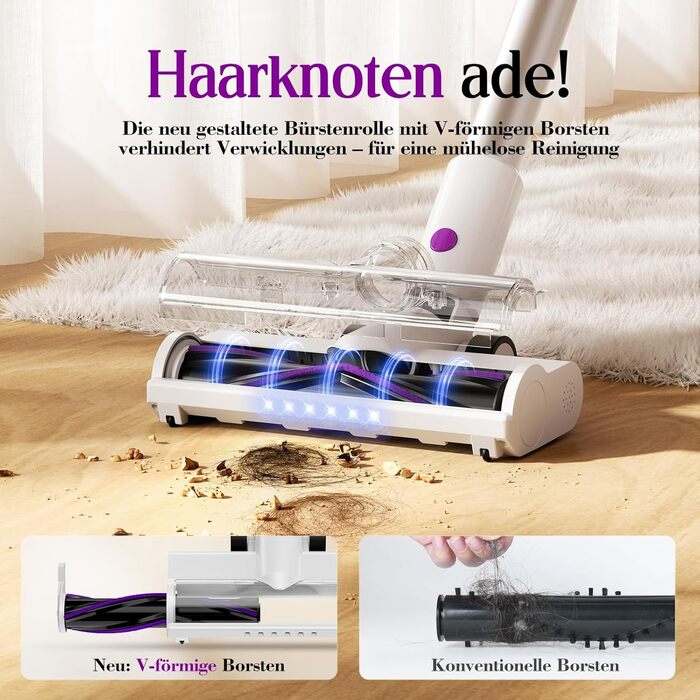 Бездротовий акумуляторний пилосос 45000 Па, 60 хв, 1.75 кг, 6-в-1 з сенсорним екраном, LED-підсвічуванням, антизаплутувальною насадкою та зарядною станцією, 7-шарова фільтрація для шерсті тварин, килимів, твердих поверхонь, авто, білий з фіолетовим