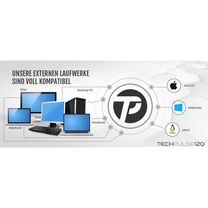 Зовнішній Blu-ray привід techPulse120 UHD 4K 3D M-Disc BDXL USB 3.0 та USB-C, DVD/CD записувач для ноутбука та ПК, Windows/Mac OS, алюміній, сірий