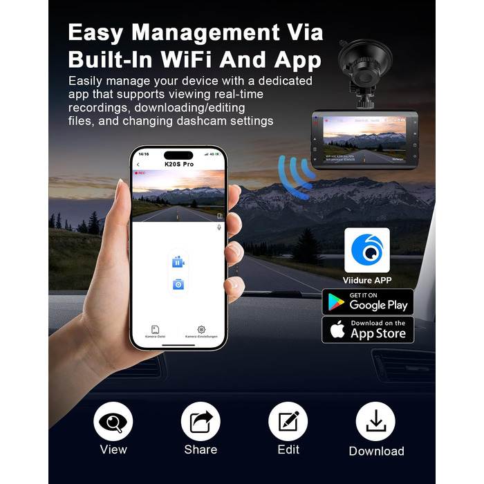 Відеореєстратор у машину Dashcam 4K з двома камерами, WiFi, 64GB SD карта, паркувальний асистент, нічне бачення, 170°+140° кут огляду, 3' IPS дисплей, G-сенсор, циклічна запис, паркування, підтримка карт до 256GB