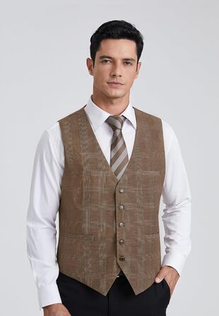 HISDERN Жилет чоловічий в клітинку, класичний, бавовна, для весілля, в стилі 'Hahnentritt', під костюм (S, Коричневий / Хакі)