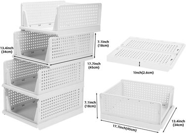 Set of 4 Stackable Folding Clothes Storage Boxes, Plastic Closet Shelves, Closet Organizer Boxes, Pull-Out Drawer-Like Design, Suitable for Home, Bedroom, Kitchen