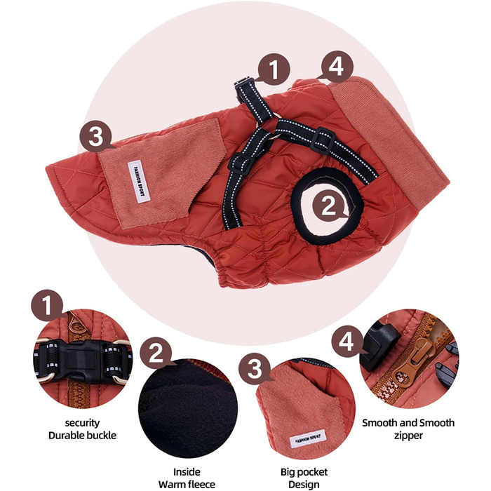 Dog Coat, Dog Jackets with Harness, Winter Warm Jacket Windproof Pet Clothing with Pocket Design Snowsuit Dog Jackets for Small Medium Dogs (Red, M)