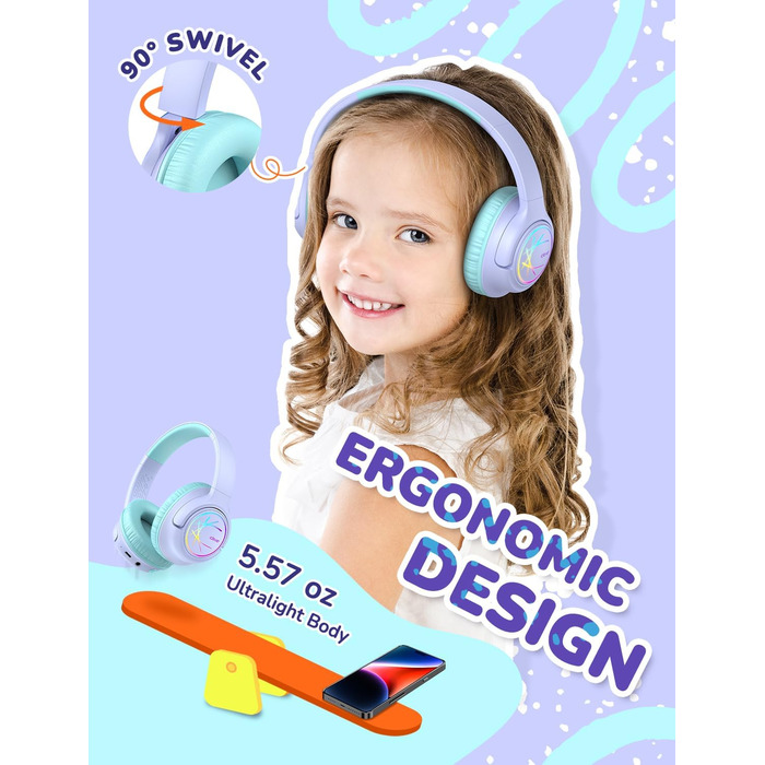 iClever Бездротові навушники для дітей з LED-підсвіткою, обмеження гучності 74/85дБ, 43 години роботи, стерео звук, Type-C, AUX-кабель, Bluetooth 5.3, для планшетів/подорожей (Чорний та фіолетовий)