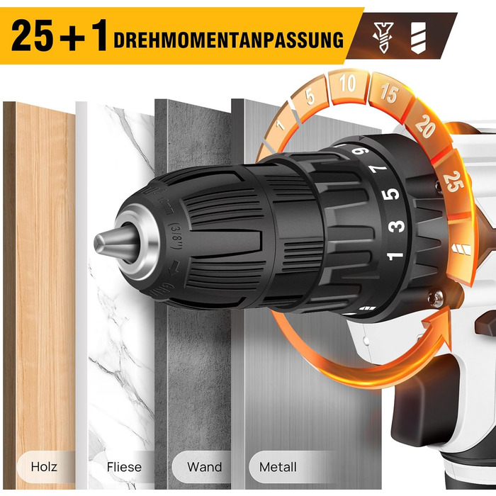 Акумуляторний шуруповерт 21V Set, білий: комплект з акумулятором 1.5Ah, швидкою зарядкою, 45Nm, 25+1 ступенів, LED-ліхтик, 26 предметів аксесуарів для ремонту та DIY