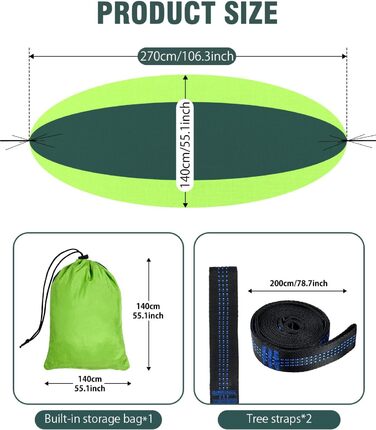 Гамак OTraki для відпочинку на природі 270x140 см: легкий, портативний, нейлон. Ідеально для саду, балкону, кемпінгу та дому.