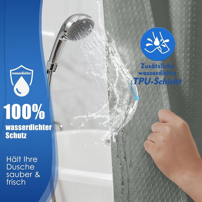 Водонепроникна штора для душу вафельна, 180x190 см, 260 GSM, сіра. Преміум-якість, анти-грибок, з металевими люверсами