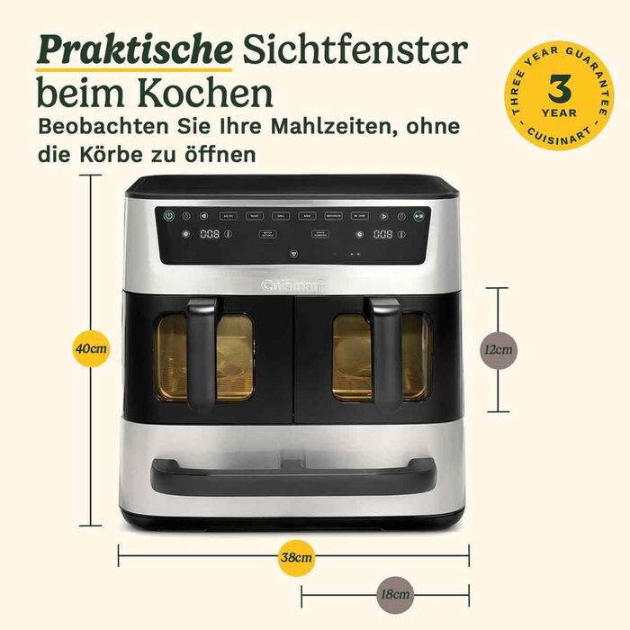Фритюрниця Cuisinart XXL 10.4L з двома зонами нагріву | Без PFAS та хімікатів | Для смаження, грилю, випікання, дегідратації та підтримання тепла | 2 камери (2 x 5.2L) | 8+ порцій | Деталі придатні для миття в посудомийній машині (3 камери, нержавіюча ста