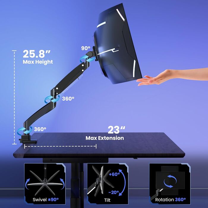 Кронштейн для монітора PUTORSEN Ultrawide 22-57 дюймів, регульований за висотою, настільний тримач до 27 кг, VESA до 200x200 мм, чорний
