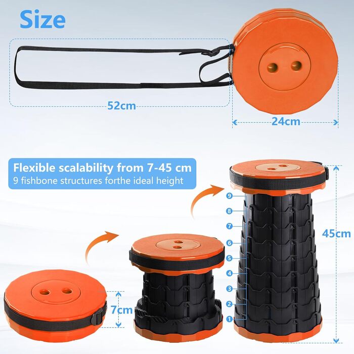 Зручний складаний стільчик GeeRic: телескопічний, регульований по висоті, для кемпінгу, риболовлі, дітей. Зелений (оранжевий колір)