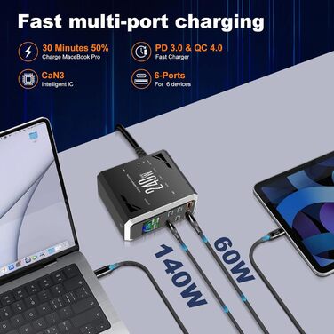 Зарядний пристрій USB C 240W, 6 портів: 4x USB-C + 2x USB-A для MacBook, iPad, iPhone 15 Pro, Samsung та інших пристроїв – швидка зарядка