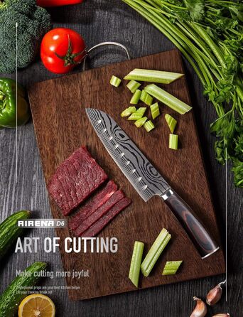 Японський ніж Santoku AIRENA, 7 дюймів (17.8 см), професійний кухонний ніж з високоякісної сталі D2, ергономічна ручка, для дому та кухні