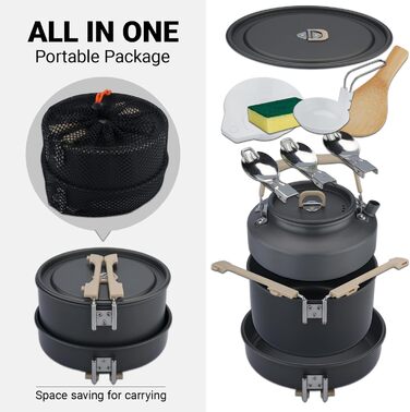 Набір посуду для кемпінгу ISFORU на 2-3 особи, 13 предметів: антипригарні каструлі та сковорідки, посуд для приготування їжі з котелком, пластикові миски та аксесуари. Компактний набір для пікніків, походів та кемпінгу.