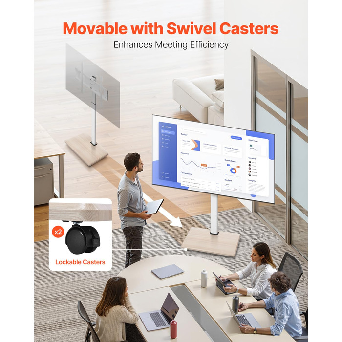 Підставка для телевізора VEVOR на колесах, телевізійна візок для телевізорів 81-178 см (812,8-1778 мм), до 45 кг, поворот 25° вліво/вправо, регульована по висоті, з полицею для кута спальні/вітальні (макс. 600 x 400 мм)