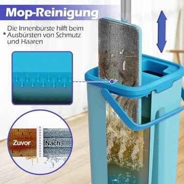Набір для миття підлоги з відром, вичавлювач для швабри, 2 в 1, швабра-моп з регульованою ручкою з нержавіючої сталі та 6 мікрофібрових насадок, підходить для плитки та ламінату (швабра з відром: блакитний + синій)