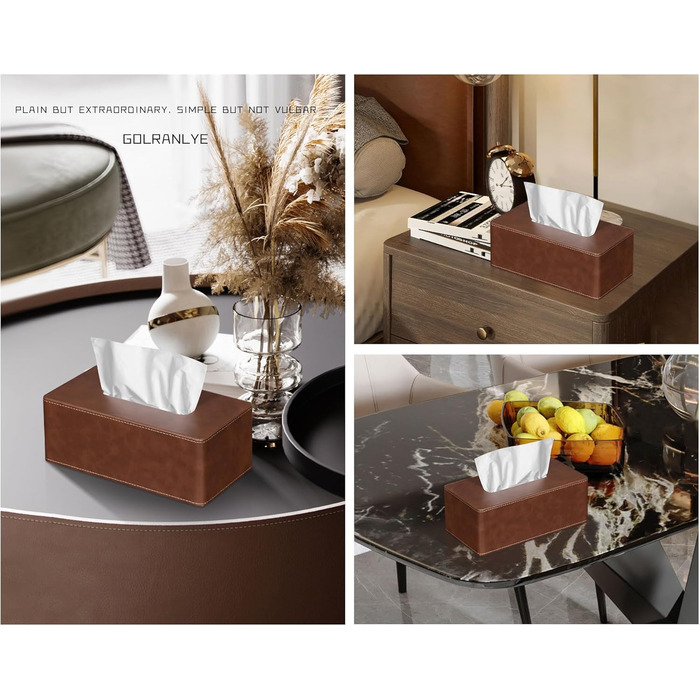 GOLRANLYE Cosmetic Tissue Box, 25×13.5×9.5 cm PU Leather Modern Tissue Box Rectangular for Bathroom Bedroom Dining Room Office and More (Brown)