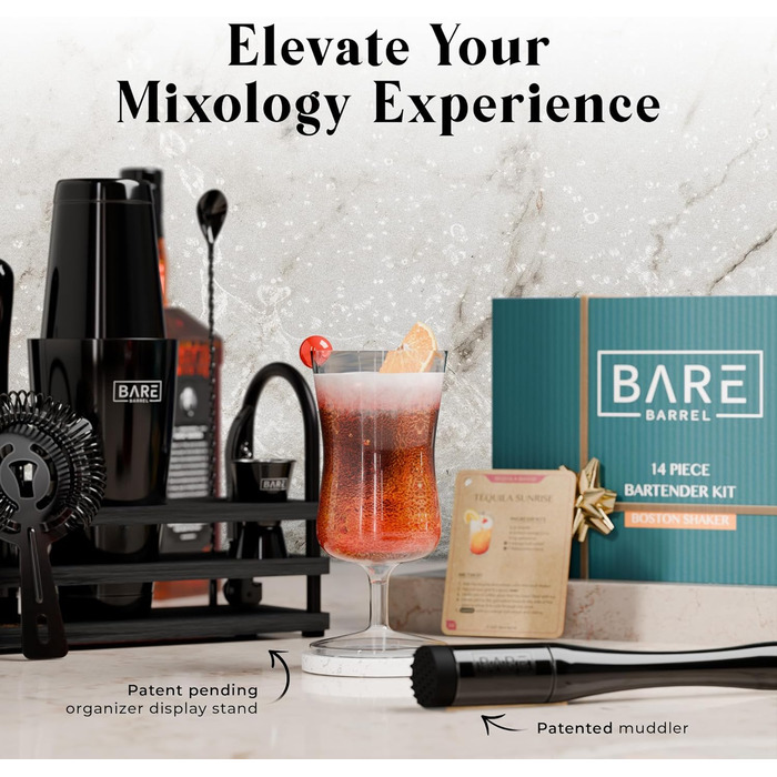 Bare Barrel® Cocktail Shaker Set - 14 Piece Mixology Bar Kit with Boston Shaker, Martini Accessories & Recipe Cards - Home Bartender Set