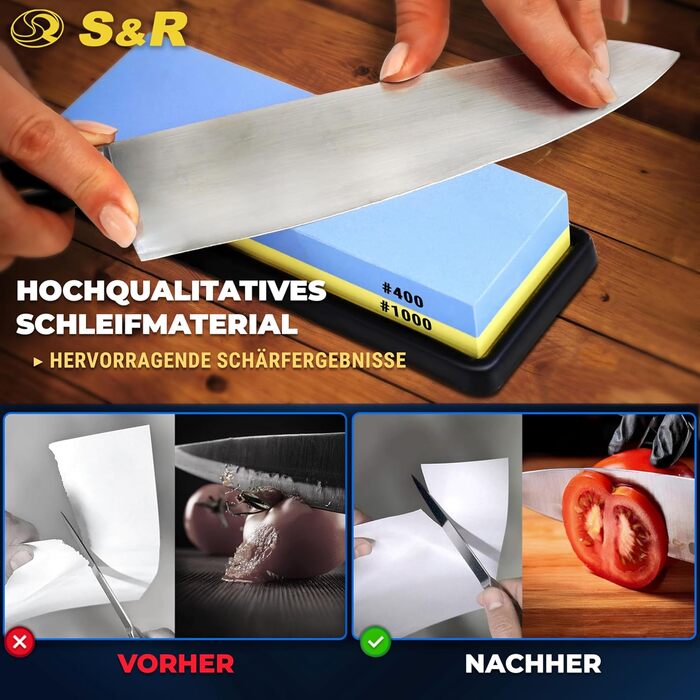 Набір для заточування ножів S&R Schleifstein: двосторонній шліфувальний камінь 1000/4000, допомога для заточування 120/240, точило для ножів та брусок для заточування. Комплект з 5 шліфувальних каменів з зернистістю 1000/4000 (1 зернистість 400/1000 + три
