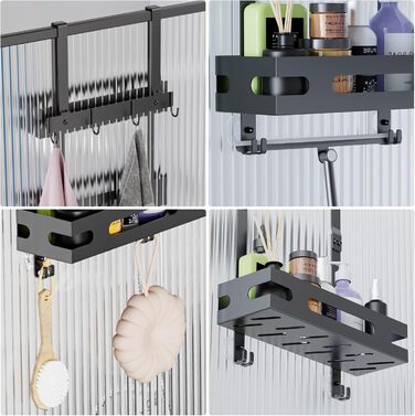 Настінна поличка для душу YEAUPE PRO 3 яруси – органайзер для ванної кімнати без свердління, з 2 присосками, 6 гачками, чорний, до 18 кг