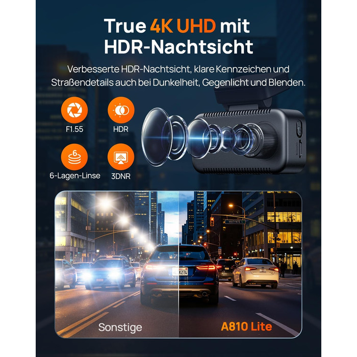 Автомобільний відеореєстратор 70mai A810 Lite 4K з Wi-Fi 6, передня та задня камери, чорний (Carbon Black)