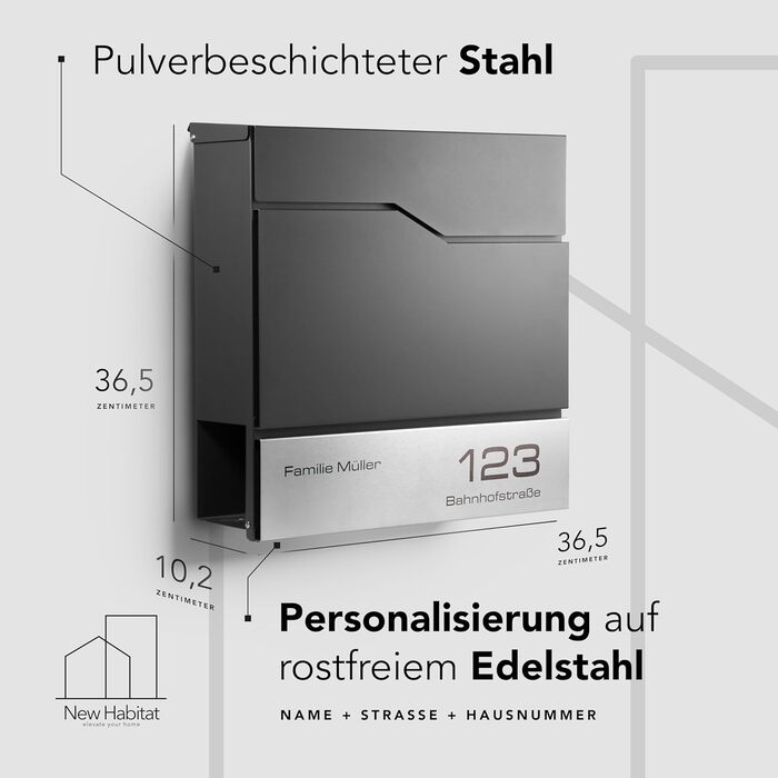 Поштовий ящик настінний модерн Tokio Anthrazit RAL7016 з газетницею, гравіюванням імені та номера будинку з нержавіючої сталі. Стійкий до іржі та УФ-випромінювання
