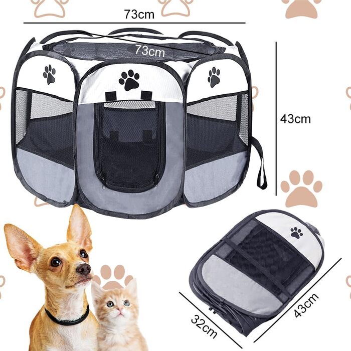 Клітка-забіг для цуценят та собак, складана, сіра, 73x73x43 см. Підходить для собак, цуценят, кроликів, морських свинок та котів.