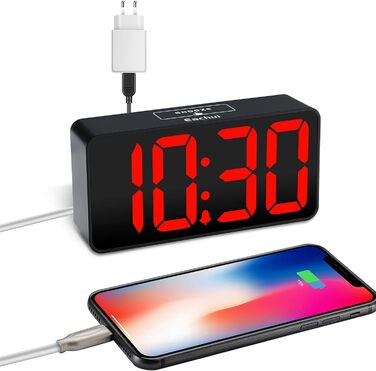 LED годинник-будильник Eachui з USB-зарядкою, великий дисплей, регулювання яскравості та гучності, функція відкладання, 12/24 год, цифровий годинник, живлення від мережі (чорний & білий), червоний